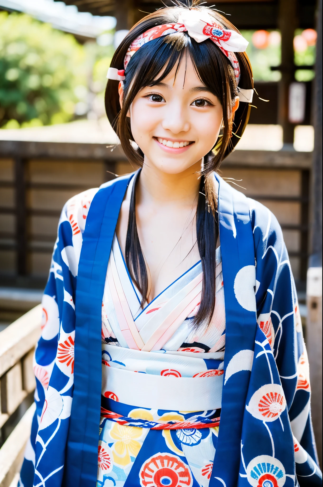 Very cute face like a 16-year-old idol、like々A 20-year-old woman with a cute face、Gentle and cute、A kind smile、(((Japan's traditional yukata)))、(Japanese festivals)、(((Full body portrait)))、((Her chest is exposed))、(Detailed and careful depiction)、RAW Photos、Genuine、High resolution