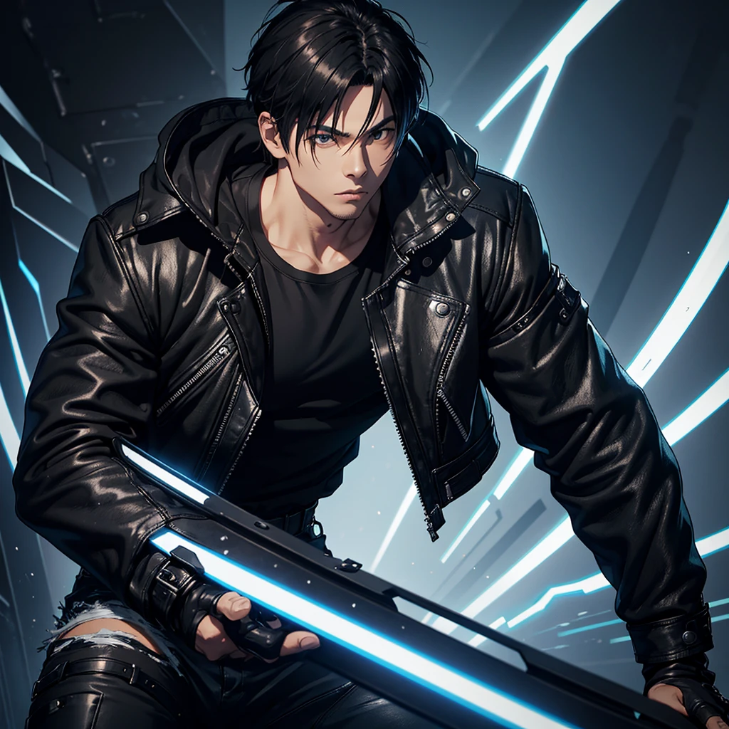 a male focus, kyo,the king of fighter jacket black leather hoodie, white zipper shirt, fighting black jean, black heavy bike look like betmen, fingerless gloves, shirt, boots, upper body masterpiece, best quality, absurdres solo Detailing full body