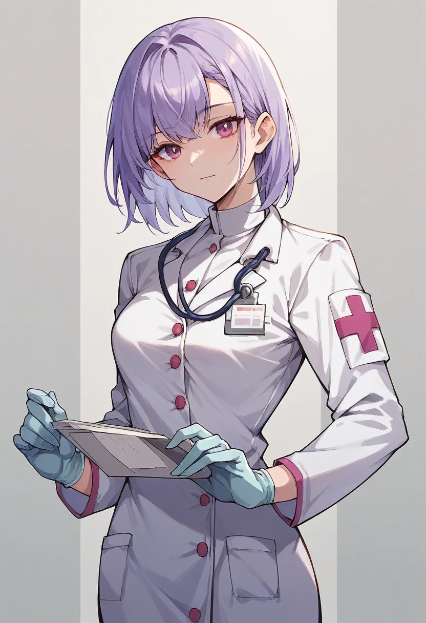1girl, bangs, ((purple medical gloves)), ((((long sleeves)))), ((white surgeon outfit)), looking at viewer, ((white doctor outfit)), standing, solo