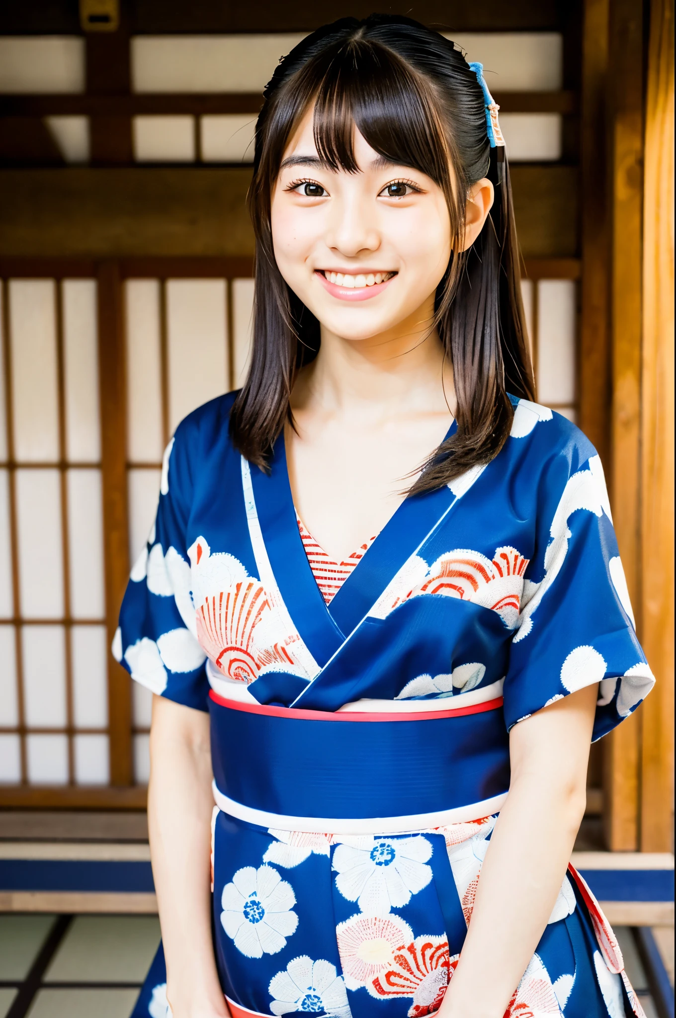 Very cute face like a 16-year-old idol、like々A 20-year-old woman with a cute face、Gentle and cute、A kind smile、(((Japan's traditional yukata)))、(Japanese festivals)、(((Full body portrait)))、((Her chest is exposed))、(Detailed and careful depiction)、RAW Photos、Genuine、High resolution