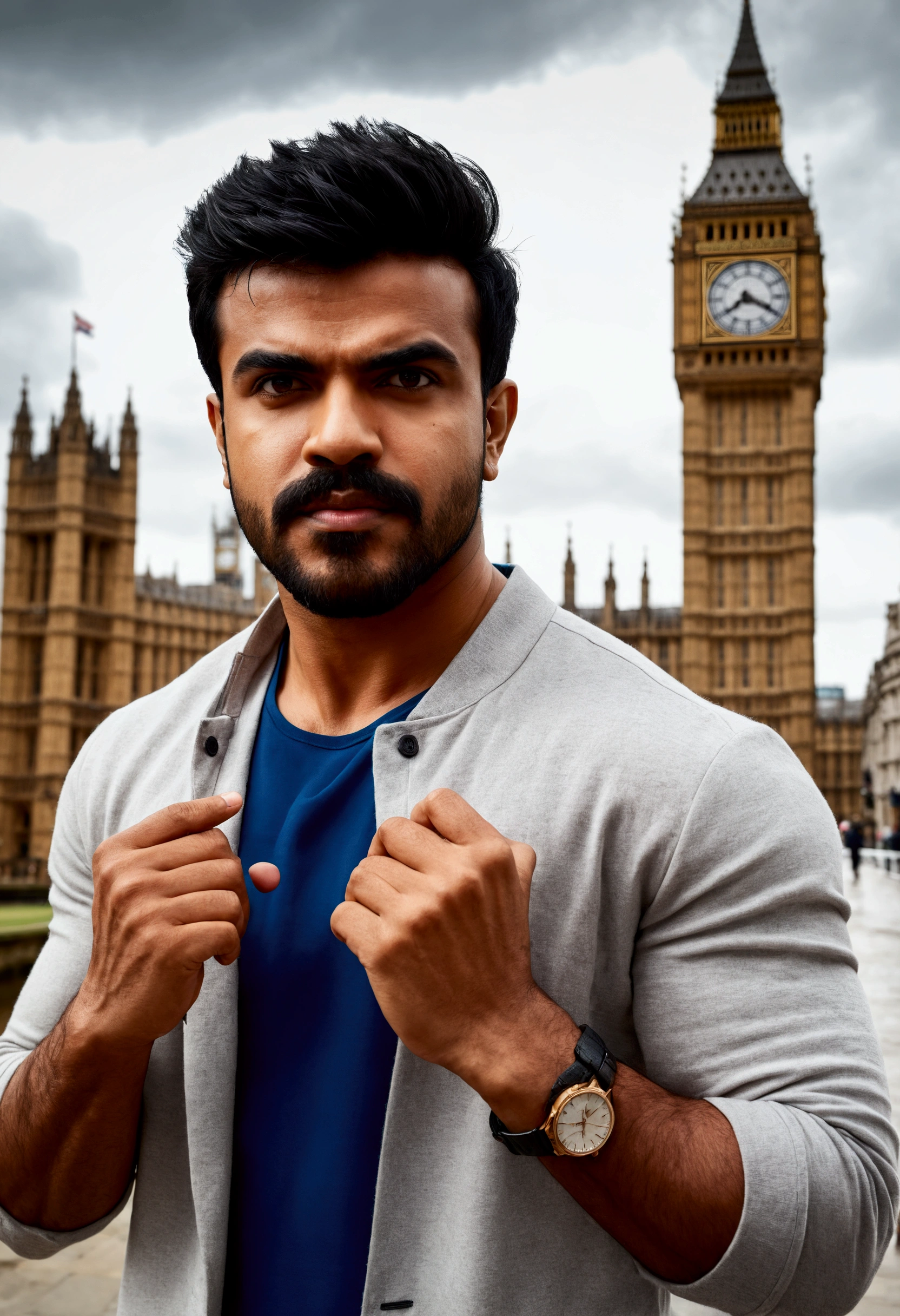 wide angle, portrait of bollywood actor Ram Charan, wearing casual clothes, in London, not wearing glasses, properly drawn hands, 4k, 8k, high resolution, full realistic photograph, real life character, Big Ben in background, blur background