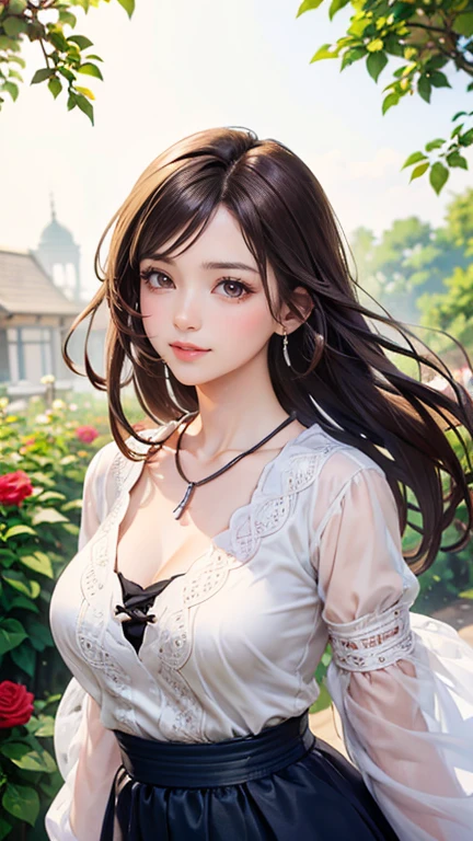 (Highest quality、 8k 、masterpiece、High resolution)、young woman、Large Breasts、Slender beauty、Brown hair medium、Hair blowing in the wind、Hair flying back、Full Body Shot、Uplifting、 (Beautiful Face,Beautiful eyes,Beautiful nose,Pretty lips)、A clean eyeliner、(Basic Fashion、Natural, relaxed style)、Earrings、necklace、Her mouth opens slightly and a smile appears.、looking at the camera、Professional Lighting、Professional photographer、Outdoor、garden、Multicolored rose flowers、Detailed CG、