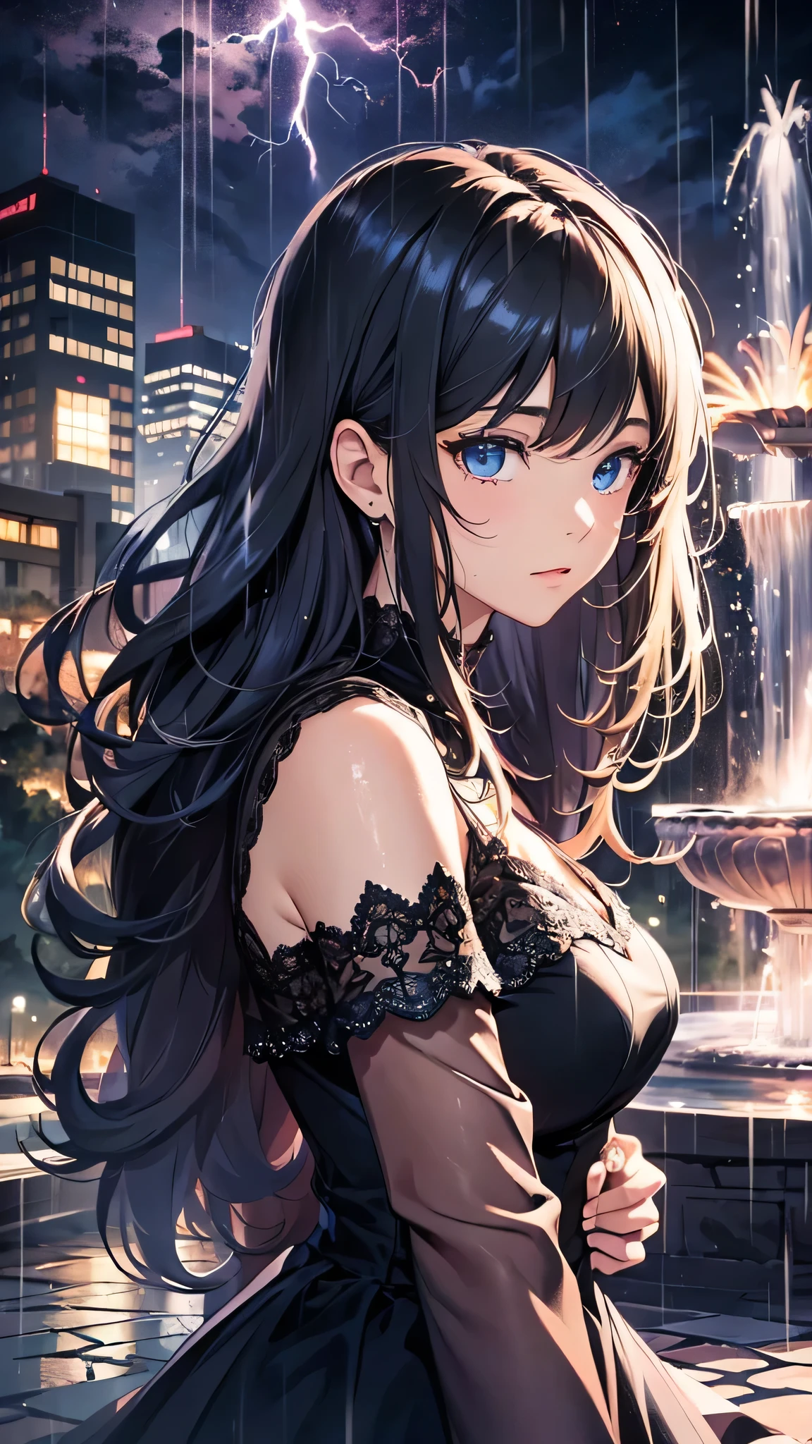 最high quality、Best image quality、masterpiece、With a girl((cute、、Best Bust、Medium Bust、Beautiful Blue Eyes、Spread your chest wide,Black Hair、Disheveled Hair、thin、Highest Valley、Black Dress、Teary whole body is wet、shout、Hold the microphone、Song、)）high quality、Beautiful art、background((night、heavy rain、City、Lightning strikes、fountain park)),Tabletop、Exquisite design、Visual Arts、Written boundary depth、Best lighting、Highest detail、8ｋ