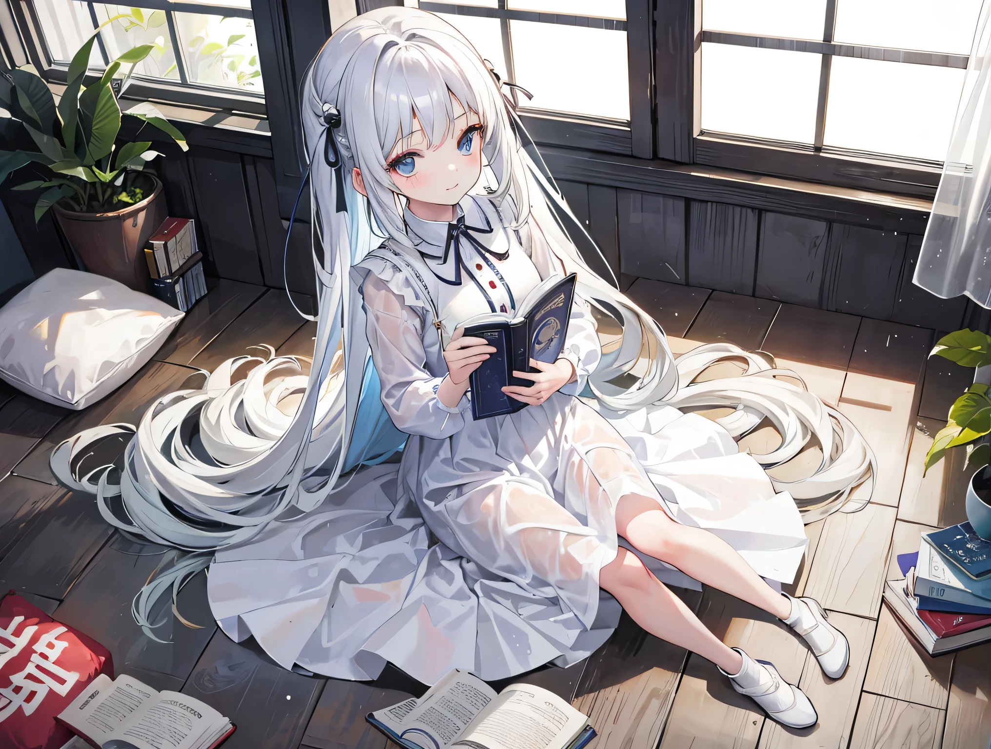 Vertical portrait of a 15-year-old Taiwanese girl, white dress,near windows, read a book, cute, happy,rainy,high resolution