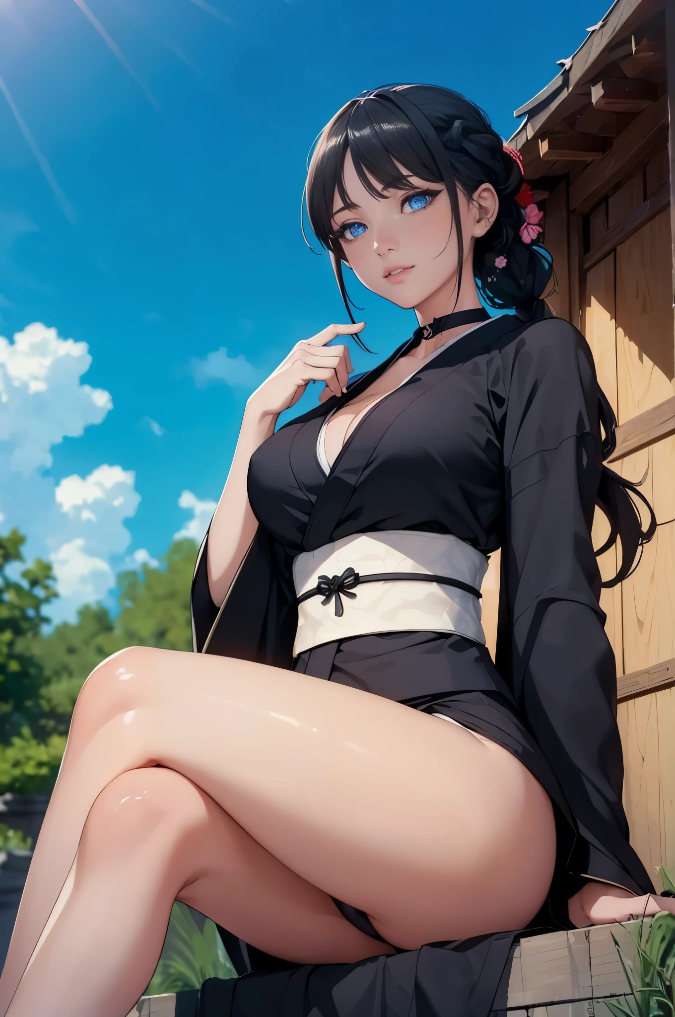 ((1girl, solo)), beautiful body, (perfect anatomy, perfect body, perfect hands, perfect legs), nice hands, natural proportions, sexy body, large breasts, sitting, crossed legs BREAK
((extremely detailed face)), blue eyes, (beautiful detailed eyes:1.6), (realistic pupils, realistic iris:1), expressive eyes, ((looking at viewer)), (clear eyes:1.3), (hyperrealistic:1.2), (detailed skin texture:1.2), smooth skin, black hair, blunt bangs, long hair, braided ponytail, (detailed lips:1.2), (attractive lips:1.1), (glossy lips:1.1), smile, parted lips, perfect face, perfect eyes BREAK
black kimono, (short kimono:1.5), skin tight, cleavage, long sleeves, wide sleeves, choker, white obi, sash, thighs, panties, pantyshot BREAK
(masterpiece:1.5), anime-style, top quality, best quality, (beautiful and aesthetic:1.2), (ultra detail:1.5), Ultra-detailed depiction, Ultra-precise depiction, extremely detailed 8k illustration, high resolution, (highly detailed shading:1.2), (realistic lighting:1.4), perfect lighting, vibrant colors, dynamic tones, striking hues, 8k, absurd resolution, perfect shadows, hdr, UHD, ambient lighting, realistic, ultra-realistic, photo realistic, highly detailed, rich detail, luminous colors, fine texture, intricate design, professional illustration, (soft light:1.2), (illustration:0.7)