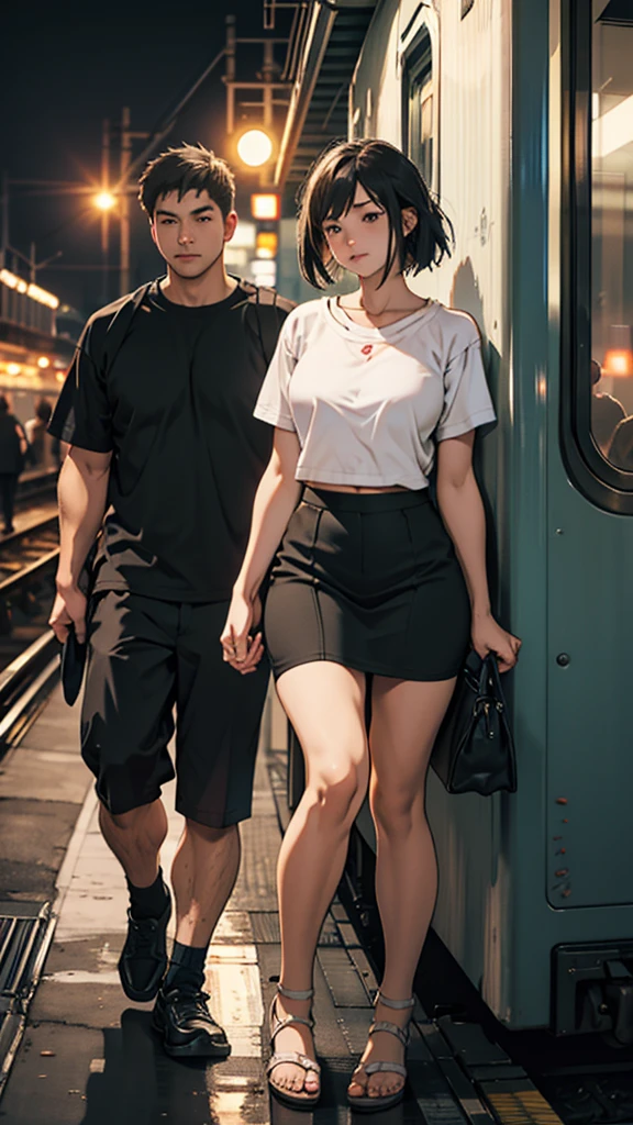 a couple sitting at a railway station, night scene, train approaching, couple wearing short clothes, girl has big hips detailed faces,