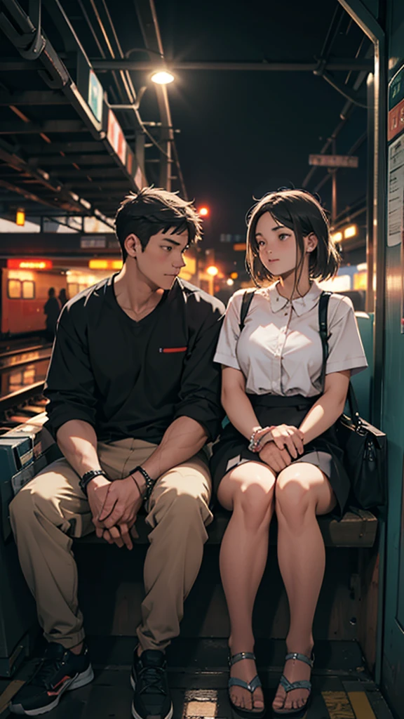 a couple sitting at a railway station, night scene, train approaching, couple wearing short clothes, girl has big hips detailed faces,