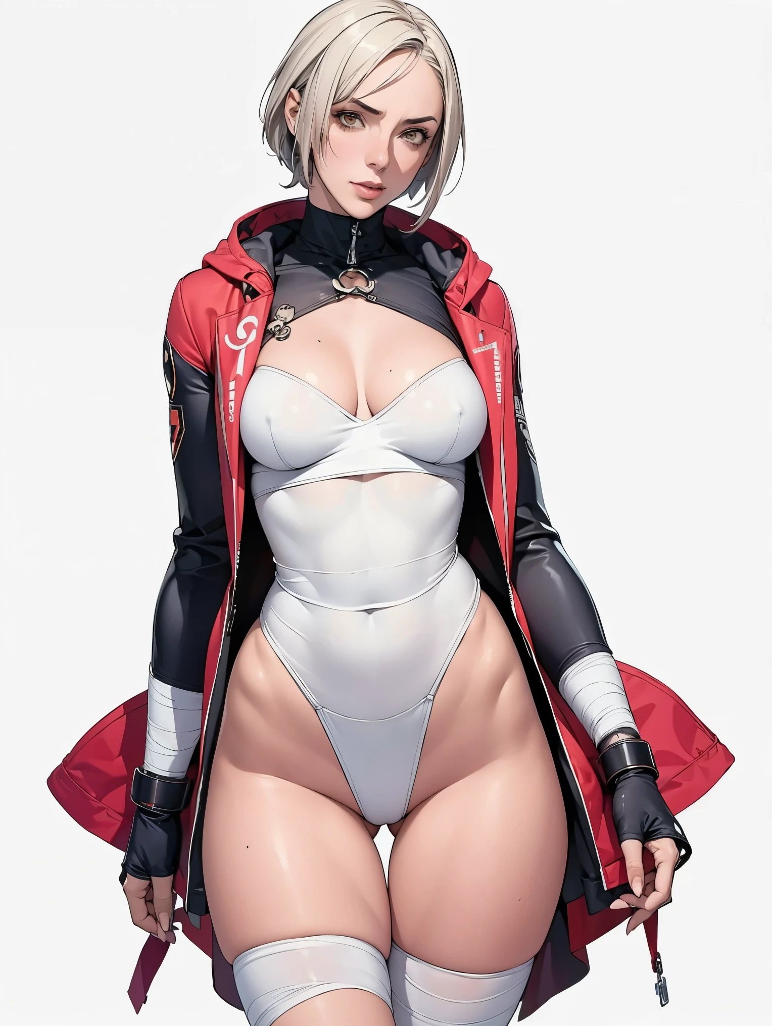 (((Annie Lennox))), (((colorful suit))), (scars), (((bandaged arms))), (((colorful clothes))) (( hood)), (((best quality: 1.4))), (Unbeatable masterpiece), (hyper HD),(CG 8k hyper-realistic), brave face, (((breasts big))), (((hyper feminine))), sexly girl, black tattoo,(ultra short red hair with white highlights)), ((( sculptural body ))), (((1 Kizi))), Kizi tatuada de 25 anos com perfect body,,Beautiful and well-groomed face,muscular body:1.2,solid color detailed jacket, (Head to thigh photos), Complex equipment, ,Tight clothes,With white stars and off-white stripes,,,,,Armor Metal Electronic Parts, Poison tattoos ) INFO, Kizi, (((standing alone))), , 24歳, sexy, pose de attitude, work of art, dancing, ((slight smile)), post-apocalypse, (((manga style))), bounty hunter, the way you want, perfect body, roupa moderna, advanced technology, white, yellow accent, black, red accent, fur collar jacket, sleeves with vertical striped pattern, background city, (( cowboy shot )). intricate visual, narrow waist, (((wide hips))), wide hips, fit thighs, (((thigh gap))), Thigh gap, background shows a futuristic airplane