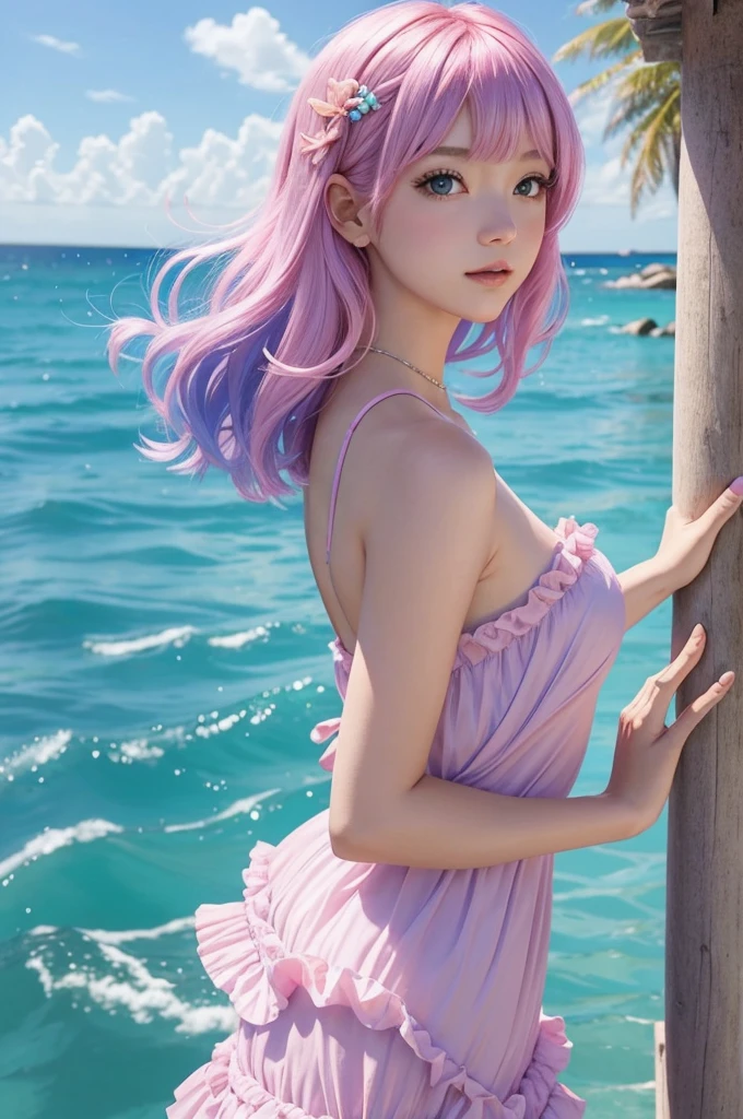 Pink and light blue dreamy hair Short Bob Purple Eyes Seashell hair ornament Pink mermaid frilly dress Clear blue sea Light of the sun beautiful beautiful girl live-action