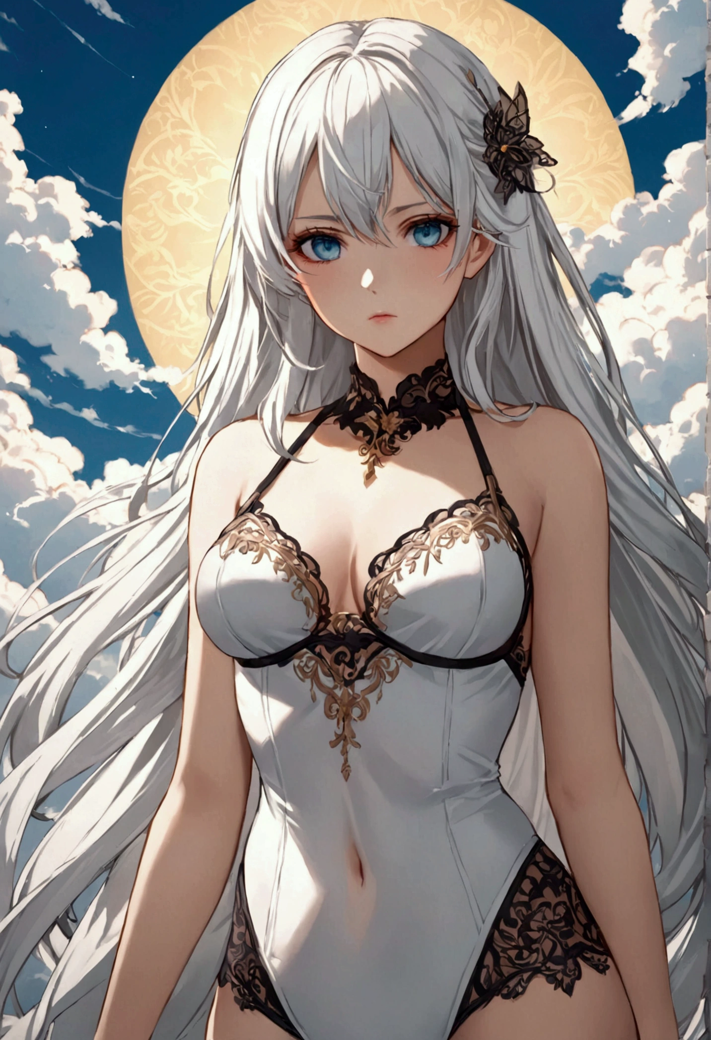 A girl with elegant cloud white hair ,determined embr eyes eyes,fair skin tone, average height,elegant underwear, detailed eyes, detailed body,long shot, 8k highres best quality. 