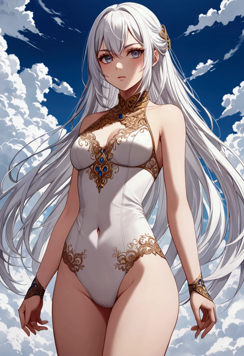 A girl with elegant cloud white hair ,determined embr eyes eyes,fair skin tone, average height,elegant underwear, detailed eyes, detailed body,long shot, 8k highres best quality. 