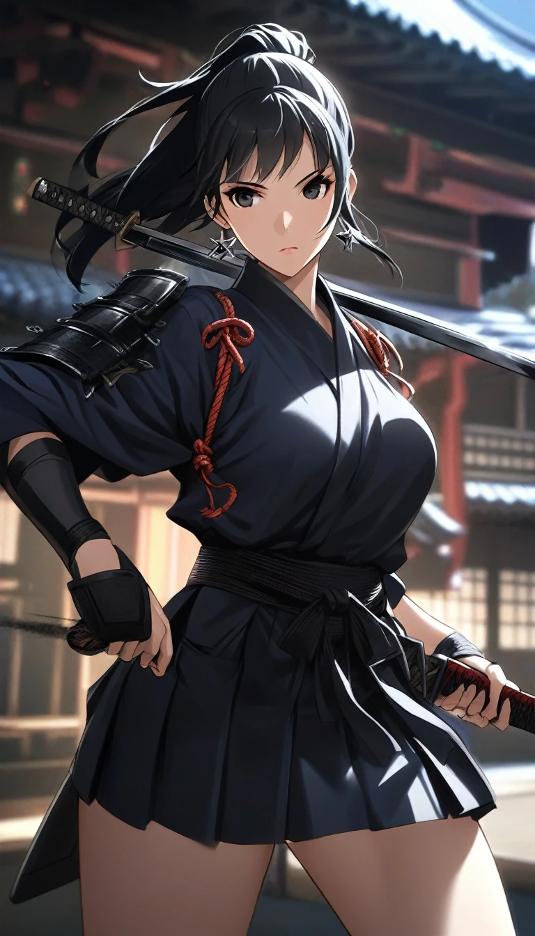 1girl,matured, perfect body,straight jet black hair with long pony tail and short bangs,black eyes ,ninja kunoichi,shuriken earrings,stoic, standing ,carries a ninja blade, wearing a black school skirt,samurai armour on her right shoulder, dojo as the background, cinematic lighting,high definition,