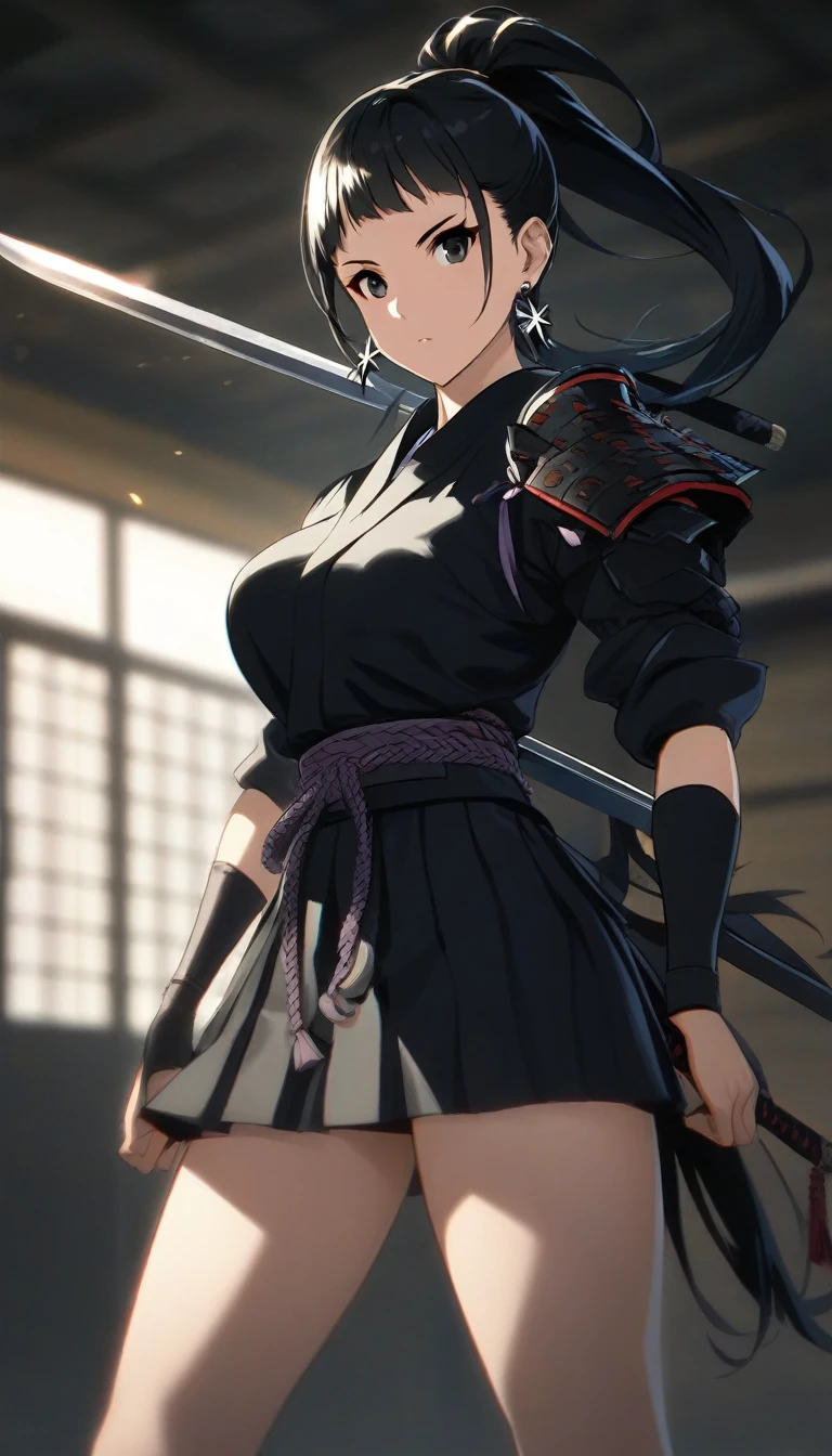 1girl,matured, perfect body,straight jet black hair with long pony tail and short bangs,black eyes ,ninja kunoichi,shuriken earrings,stoic, standing ,carries a ninja blade, wearing a black school skirt,samurai armour on her right shoulder, dojo as the background, cinematic lighting,high definition,