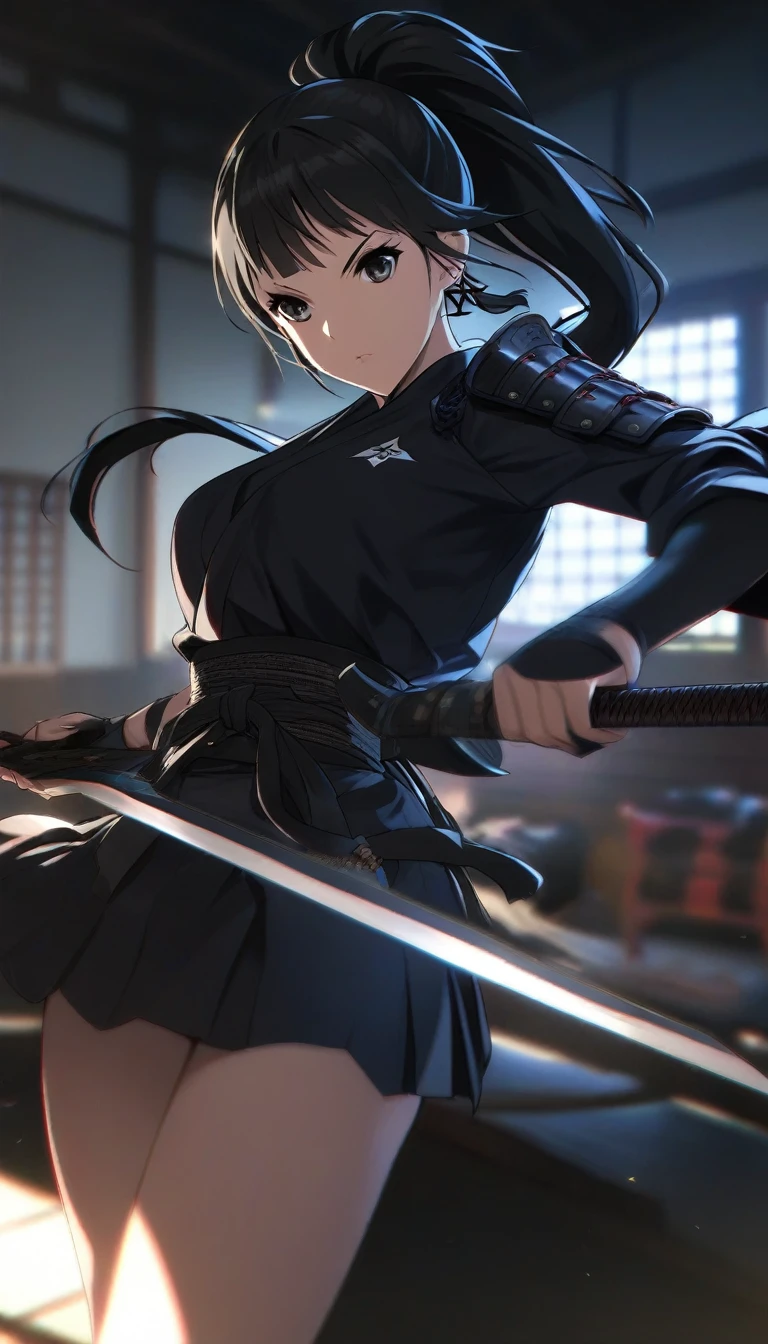 1girl,matured, perfect body,straight jet black hair with long pony tail and short bangs,black eyes ,ninja kunoichi,shuriken earrings,stoic, standing ,carries a ninja blade, wearing a black school skirt,samurai armour on her right shoulder, dojo as the background, cinematic lighting,high definition,