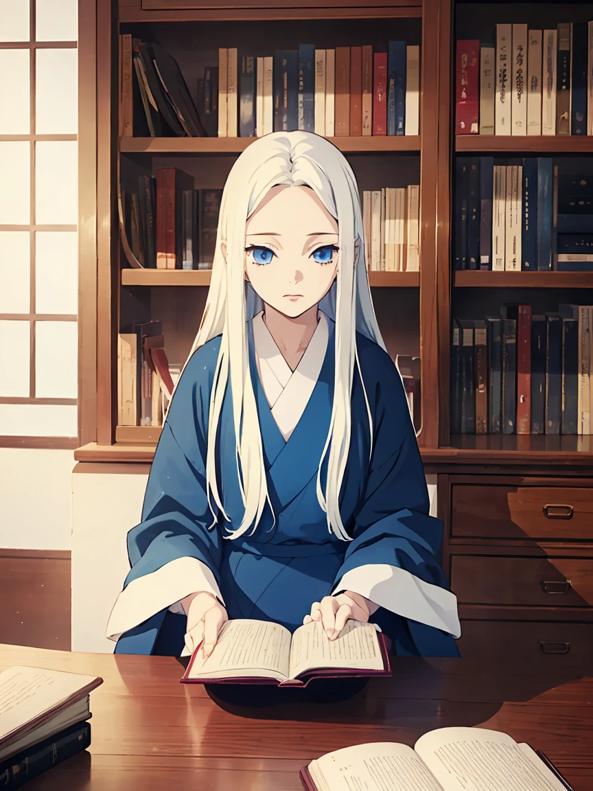 (1 girl, white long straight hair, blue eyes), kimono,detailed, ( girl), reading a book, bookshelf,