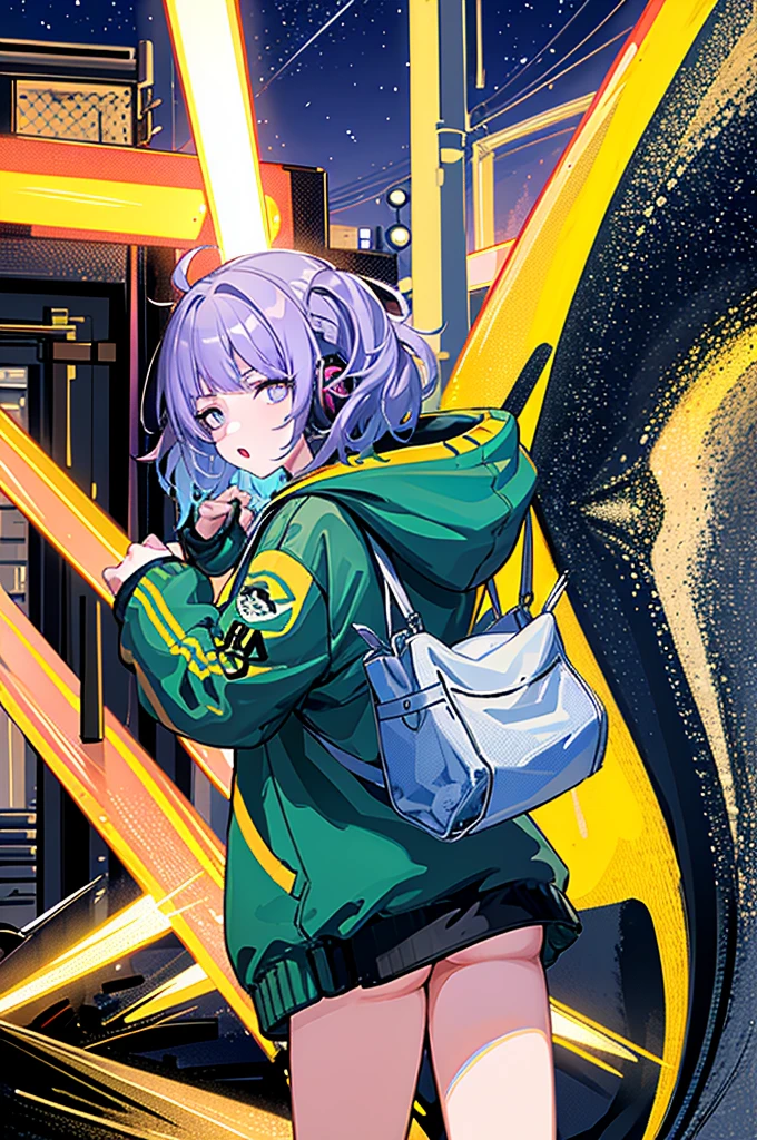 8K resolution、((top-quality))、((masterpiece))、((Ultra-detail))、1 woman、solo、incredibly absurdness、Oversized hoodies、headphones、Street、Plein Air、Sateen、neons、Shortcut Hair、Brightly colored eyes、Hands in pockets、a miniskirt、water dripping
