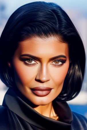 kylie1,1girl, solo, (realistic),(hyperrealism),(best quality),(masterpiece),(ultra high res),(photorealistic),(film grain),(upper body),eye makeup,detailed eyes,detailed face,black jacket, scarf, posing for a photo, outdoors,