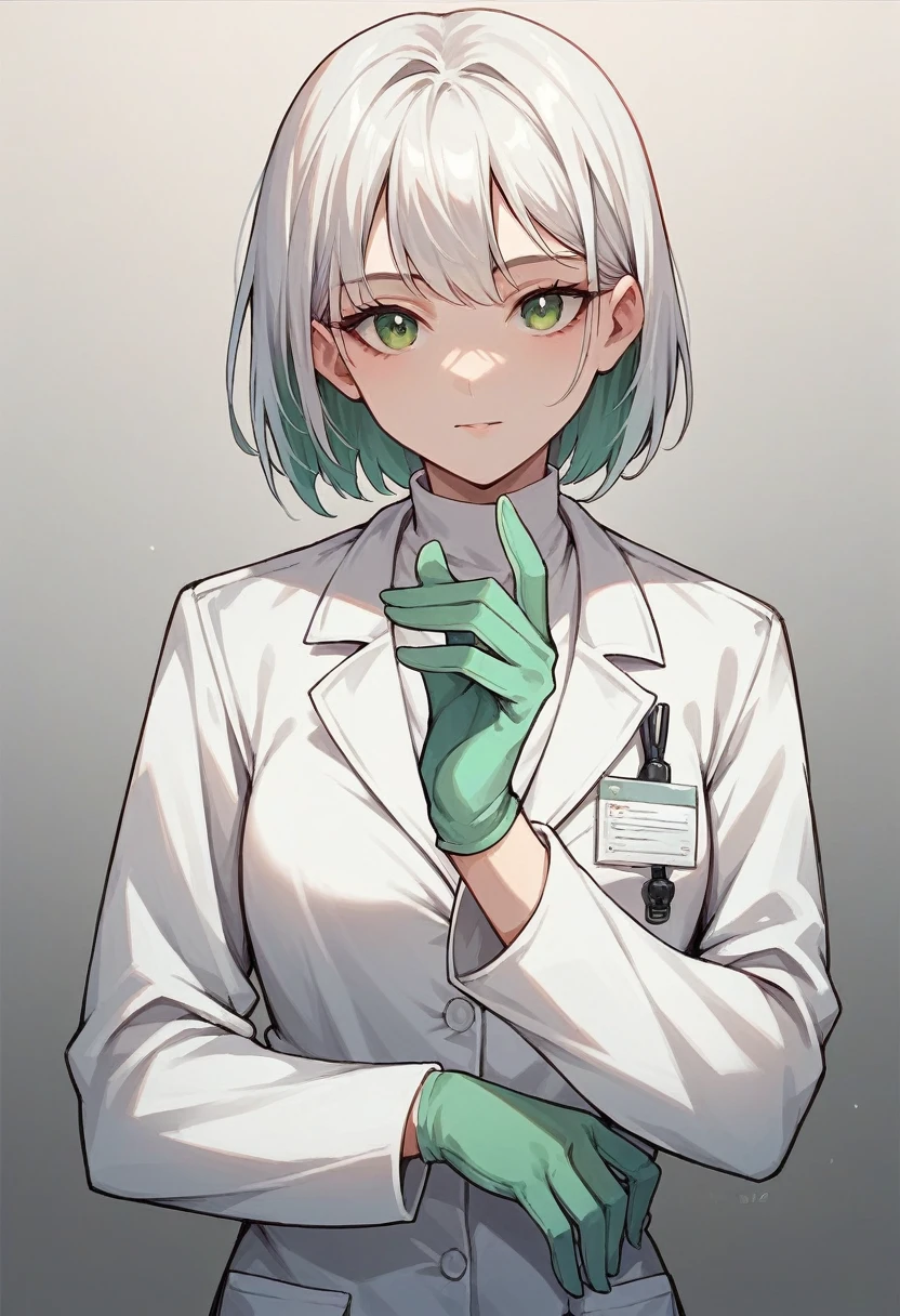 1girl, bangs, ((green surgical gloves)), ((((long sleeves)))), ((white surgeon outfit)), looking at viewer, ((white doctor outfit)), standing, solo