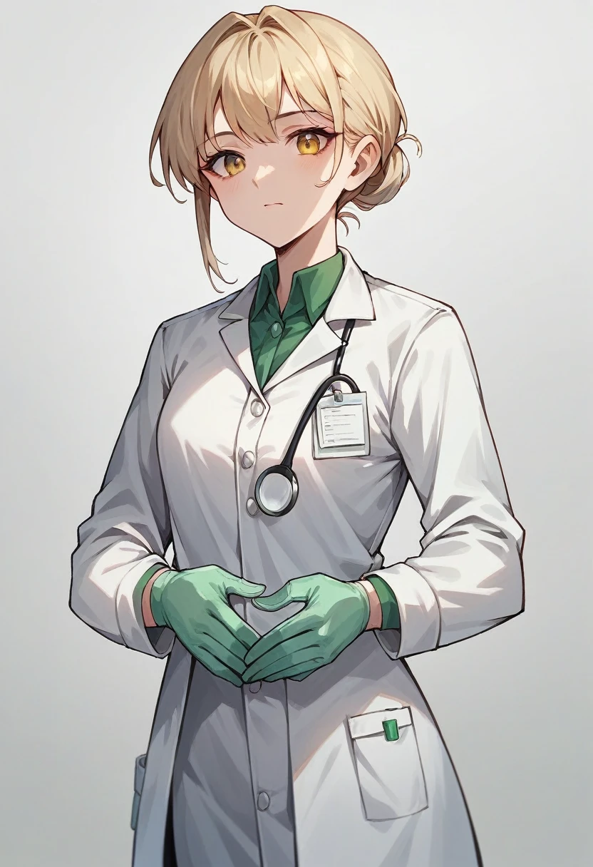 1girl, bangs, ((green surgical gloves)), ((((long sleeves)))), ((white surgeon outfit)), looking at viewer, ((white doctor outfit)), standing, solo