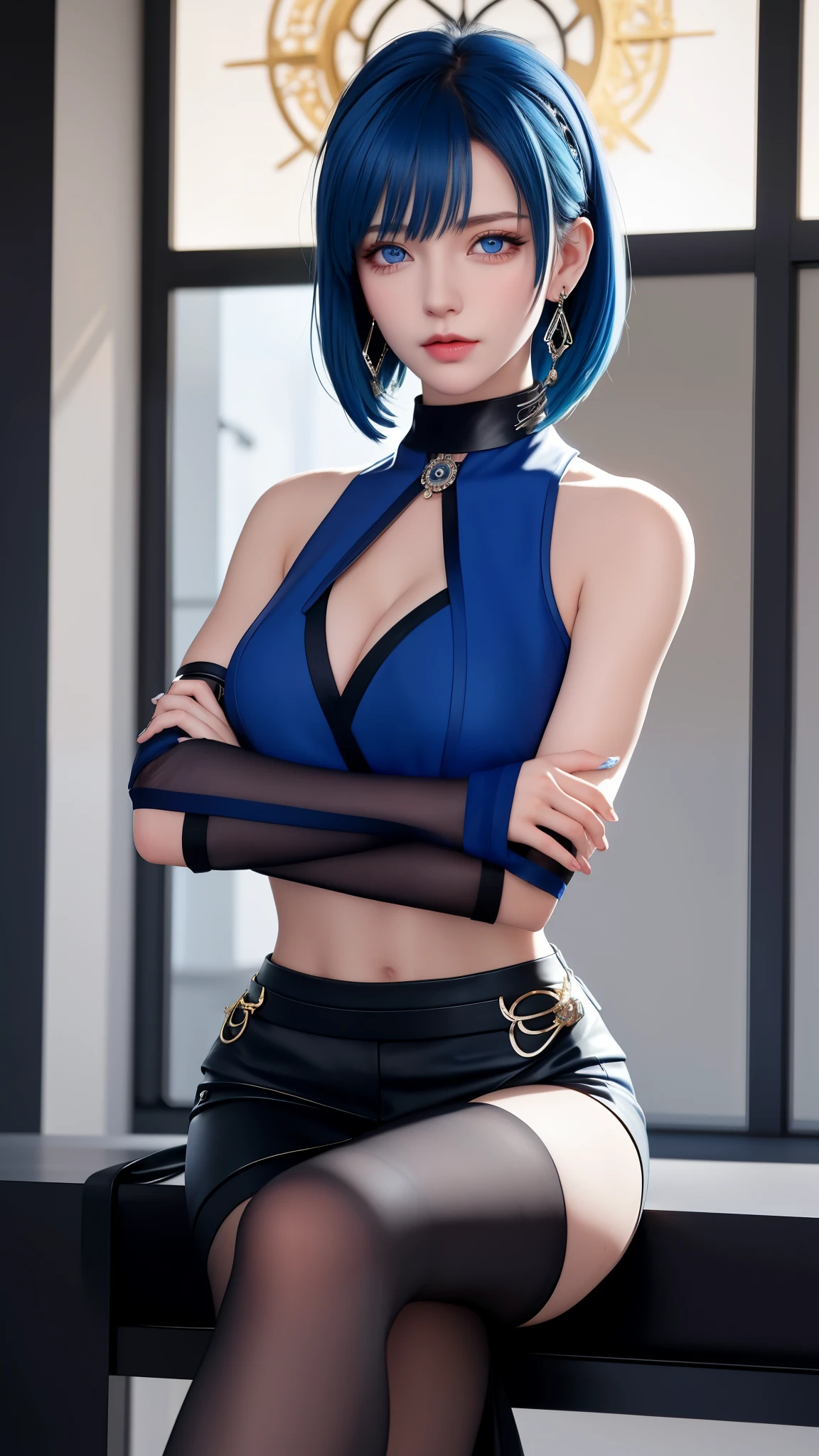 A striking woman with a bold sense of style, her blue hair styled in a sleek bob with bangs framing her face. Her intense blue eyes stare directly at the viewer, daring them to look away. She sits with her arms crossed, wearing a sleeveless black shirt that shows off her toned arms and a choker necklace that adds a touch of edginess. Her earrings and collar are intricately designed, adding to the overall aesthetic of the image. The rendering style is a mix of realism and abstract, with blurred elements that add a sense of movement and energy to the image.