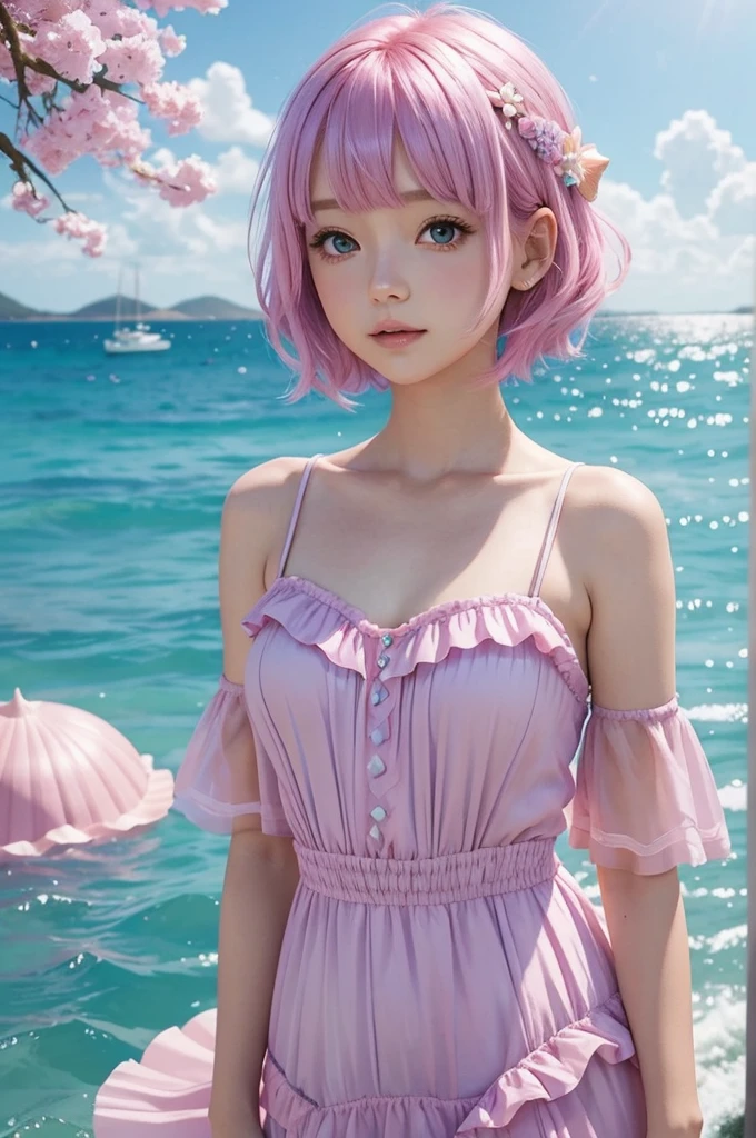 Pink and light blue dreamy hair Short Bob Purple Eyes Seashell hair ornament Pink mermaid frilly dress Clear blue sea Light of the sun beautiful beautiful girl live-action