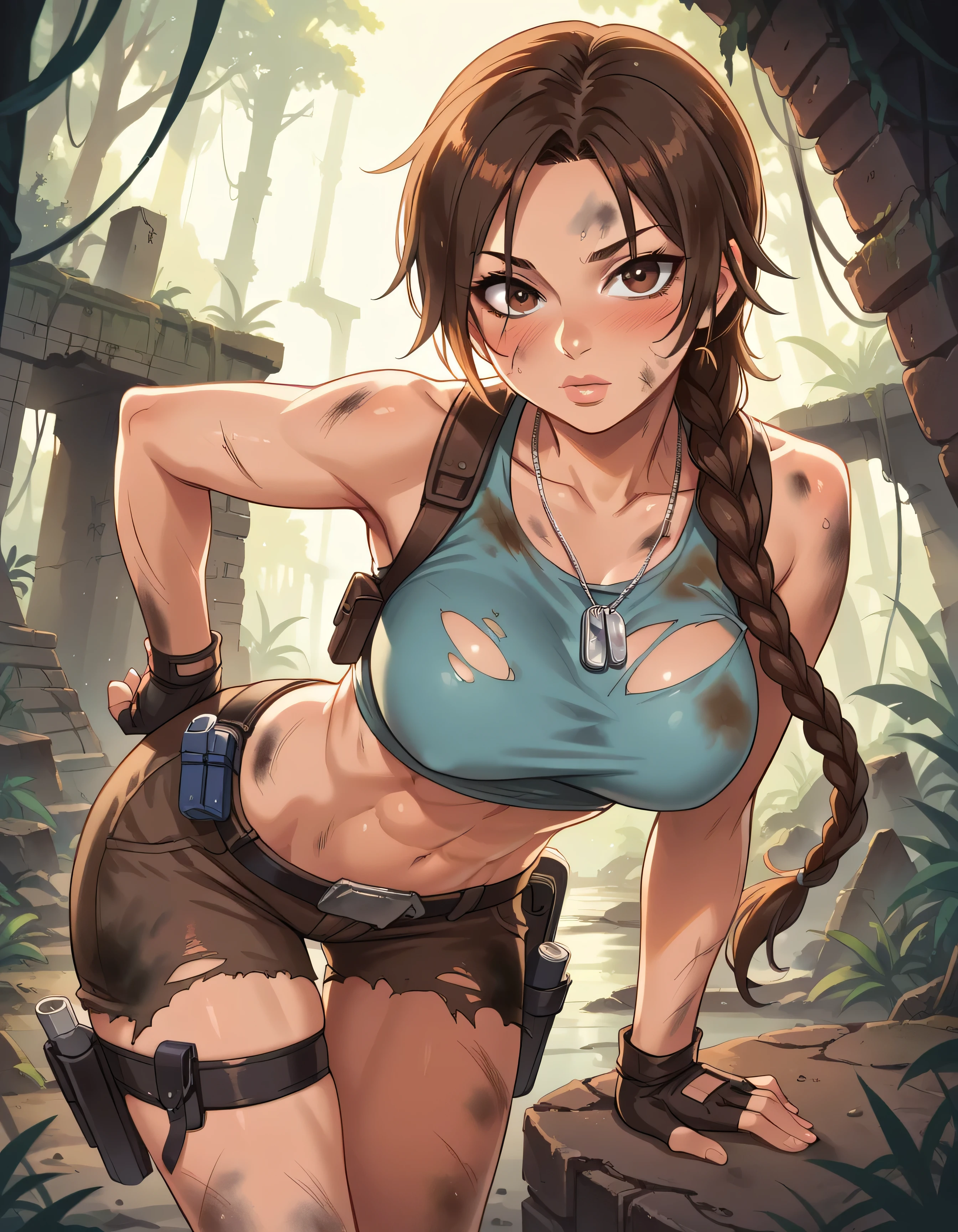 anime_source, (masterpiece), best quality, expressive eyes, perfect face, score_9, score_8_up, score_7_up, 1girl, lara croft, abs, braid, breasts, brown eyes, brown hair, holster, large breasts, lips, looking at viewer, navel, solo, thigh holster, thigh strap, toned, dog tags, fingerless gloves, crop top, tank top, post-apocalypse, ruins, jungle, tree, bluryy bacckground, outdoors, overgrown, midriff, torn clothes, dirty, dirty body, dirty clothes, bent over, blush, hetero, interracial