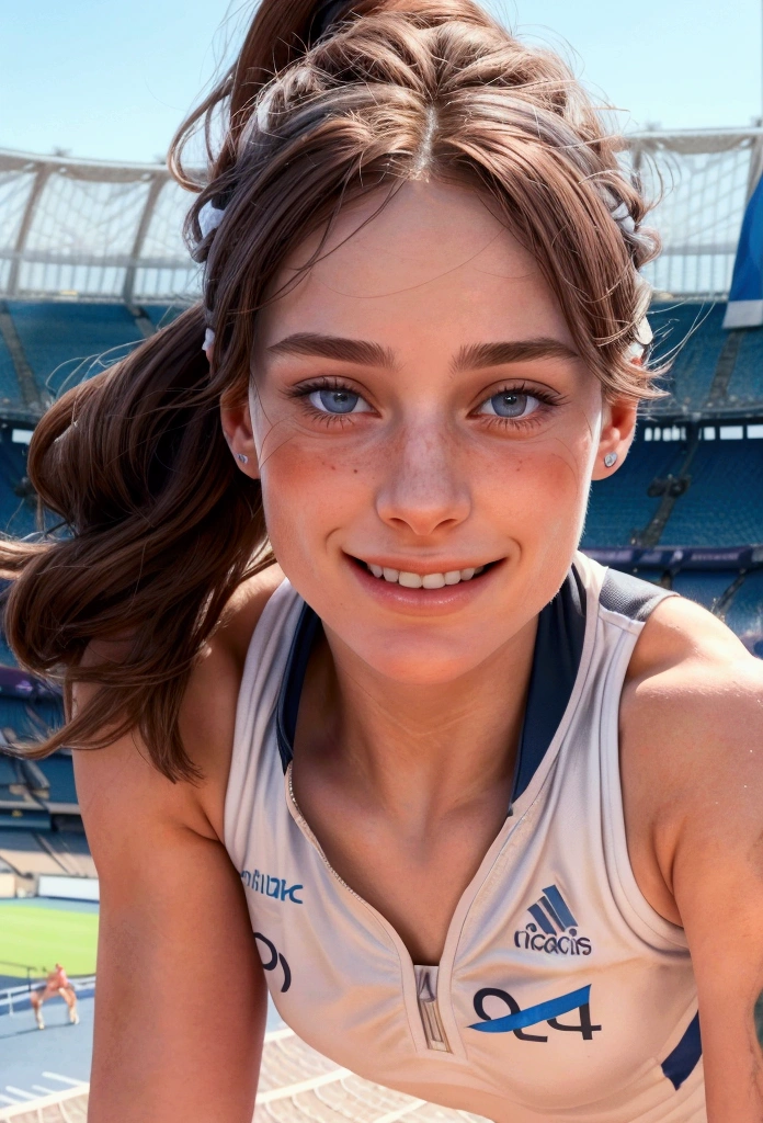 (Female athlete swimming towards the finish line at the Paris Olympic swimming stadium_Delicate nose and beautiful face, delicate eyes, delicate lips, neatly tied hairstyle, pale skin), (Best quality, 4K, 8K, High resolution, Masterpiece: 1.2), Highly detailed, (Realistic, Realistic, Realistic: 1.37), White sportswear_Intricate and detailed, Sports, People, Dynamic poses, Outdoor scene, Stadium structure, Bright sunlight, Vivid colors