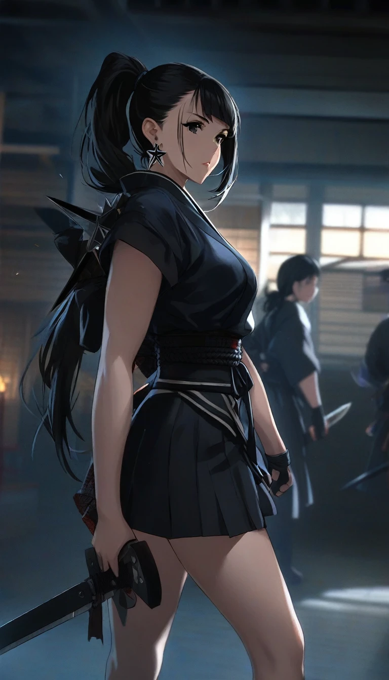 1girl,matured, perfect body,straight jet black hair with long pony tail and short bangs,black eyes ,ninja kunoichi,shuriken earrings,stoic, standing ,carries a ninja blade, wearing a black school skirt,samurai armour on her right shoulder, dojo as the background, cinematic lighting,high definition,