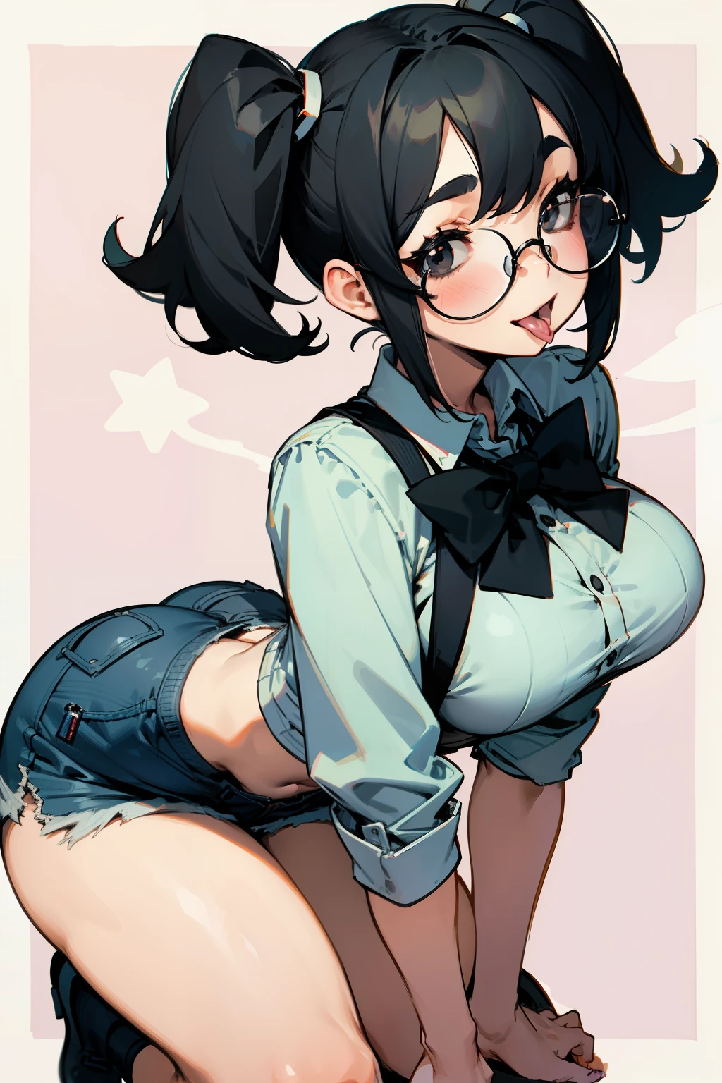 Cute girl, short black hair, black eyes, pigtails, Round glasses, tongue out of mouth, big tits, short shorts