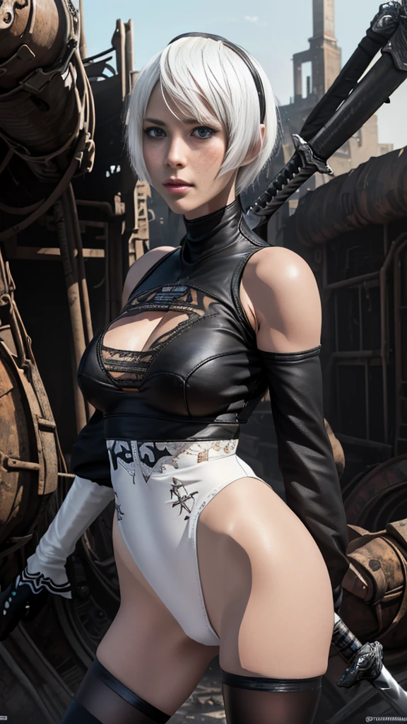 (black short dress:1.3), (spread your legs:1.0), (show panties:1.0), (white panties:1.4), (black long boots:1.8), (black hair band:1.4), (beautiful face:1.5), (detailed face:1.2), (blue eyeasterpiece, 最high quality:1.4), (In the ruined big city), (remains of large machinery:1.5), (Battle against machine lifeforms:1.5), (full body shot:1.3), (1 girl), (has a big sword:1.7), alone, (beautiful european:1.2), Yoruhano. 2 type b, (white short hair:1.5), hyperrealistic, high definition skin, high quality, highly detailed face, highly detailed skin, skin pores, Scattered beneath the surface, realistic pupils, Medium chest, blush all over the face, lip whole, detailed background, Depth of the bounds written, volume lighting, sharp focus, disorganized, realistic proportions, excellent anatomy, (realistic, hyperrealistic:1.4)