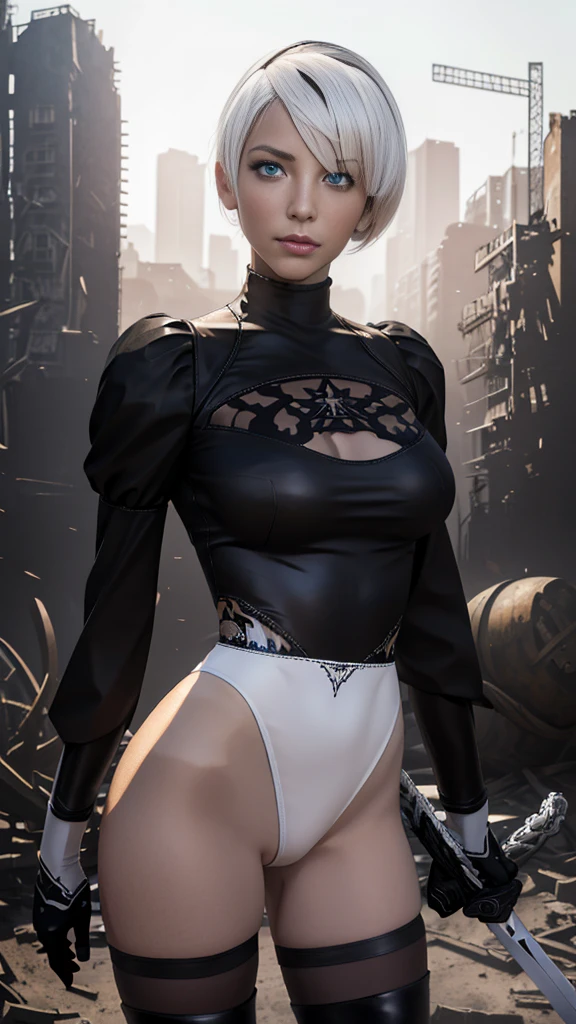 (black short dress:1.3), (spread your legs:1.0), (show panties:1.0), (white panties:1.4), (black long boots:1.8), (black hair band:1.4), (beautiful face:1.5), (detailed face:1.2), (blue eyeasterpiece, 最high quality:1.4), (In the ruined big city), (remains of large machinery:1.5), (Battle against machine lifeforms:1.5), (full body shot:1.3), (1 girl), (has a big sword:1.7), alone, (beautiful european:1.2), Yoruhano. 2 type b, (white short hair:1.5), hyperrealistic, high definition skin, high quality, highly detailed face, highly detailed skin, skin pores, Scattered beneath the surface, realistic pupils, Medium chest, blush all over the face, lip whole, detailed background, Depth of the bounds written, volume lighting, sharp focus, disorganized, realistic proportions, excellent ???????, (realistic, hyperrealistic:1.4)
