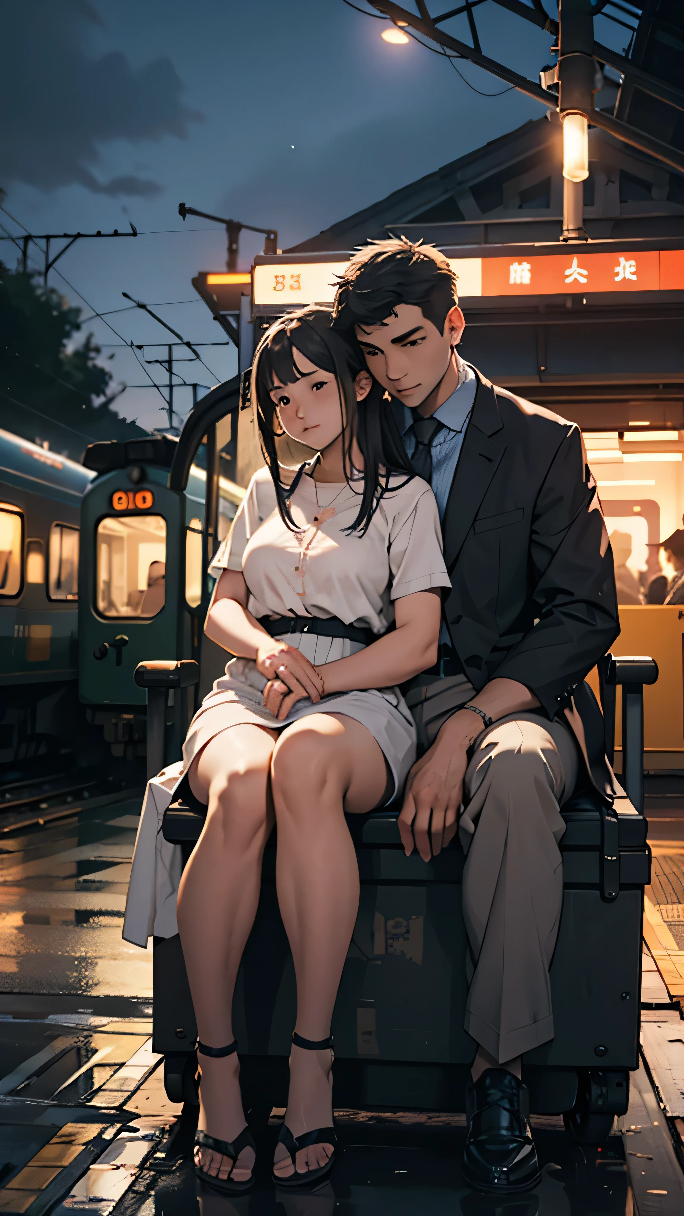 a couple sitting at a railway station, night scene, train approaching, couple wearing short clothes, girl has big hips detailed faces,