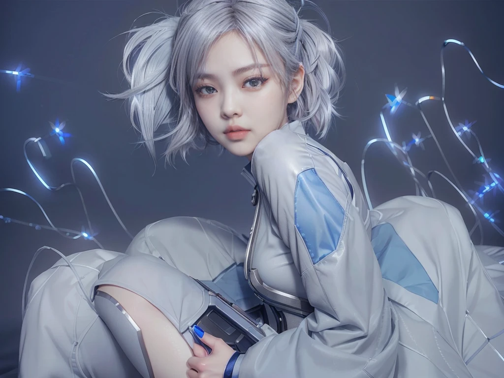 there is a woman with a gray hair and blue eyes, realistic anime 3 d style, hyper realistic anime, echo from overwatch, photorealistic anime girl render, trending on cgstation, anime style. 8k, ross tran 8 k, cyborg - girl with silver hair, 3 d anime realistic, anime inspired, anime realism style, inspired by Leng Mei