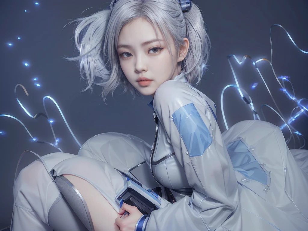 there is a woman with a gray hair and blue eyes, realistic anime 3 d style, hyper realistic anime, echo from overwatch, photorealistic anime girl render, trending on cgstation, anime style. 8k, ross tran 8 k, cyborg - girl with silver hair, 3 d anime realistic, anime inspired, anime realism style, inspired by Leng Mei