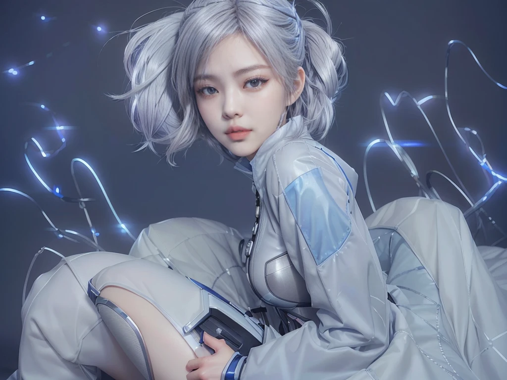 there is a woman with a gray hair and blue eyes, realistic anime 3 d style, hyper realistic anime, echo from overwatch, photorealistic anime girl render, trending on cgstation, anime style. 8k, ross tran 8 k, cyborg - girl with silver hair, 3 d anime realistic, anime inspired, anime realism style, inspired by Leng Mei