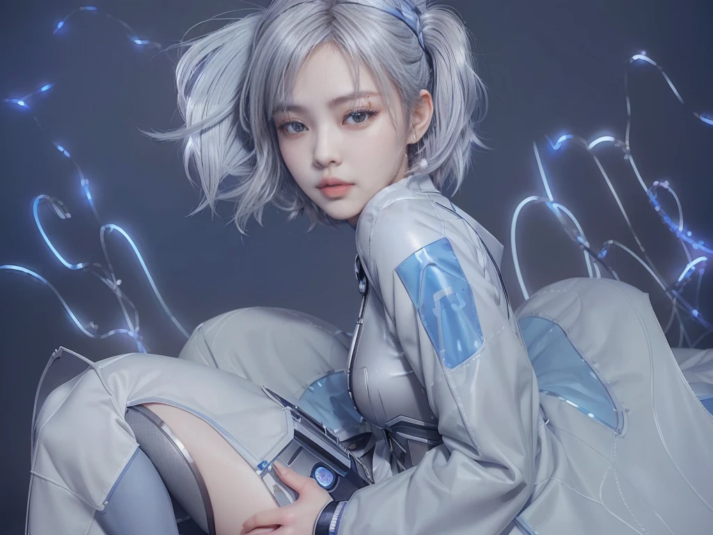 there is a woman with a gray hair and blue eyes, realistic anime 3 d style, hyper realistic anime, echo from overwatch, photorealistic anime girl render, trending on cgstation, anime style. 8k, ross tran 8 k, cyborg - girl with silver hair, 3 d anime realistic, anime inspired, anime realism style, inspired by Leng Mei