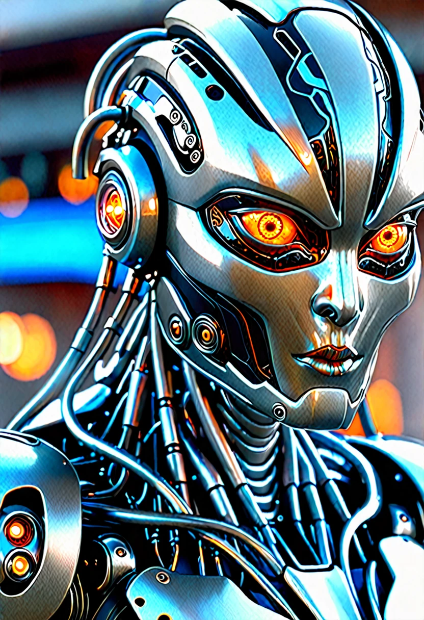 a close up of a robot with glowing eyes and a large head, beautiful biomechanical djinn, cybernetic and highly detailed, robot monster in background, detailed portrait of a cyborg, evil robot, close-up portrait of cyborg, cyborg zombie, sci - fi biomechanical, highly detail. octane render, depraved cybernetic demon