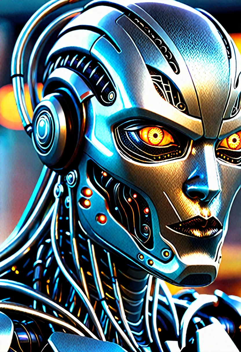a close up of a robot with glowing eyes and a large head, beautiful biomechanical djinn, cybernetic and highly detailed, robot monster in background, detailed portrait of a cyborg, evil robot, close-up portrait of cyborg, cyborg zombie, sci - fi biomechanical, highly detail. octane render, depraved cybernetic demon
