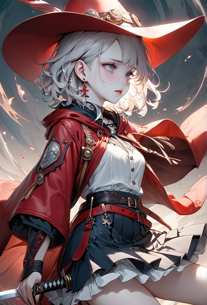 Cool Cowgirl, Cowboy hat, blouse, Decorated hooded armor jacket, Cross Belt, mini skirt, Red leather long boots, Absurd, RAW Photos, Very delicate and beautiful, masterpiece, Highest quality, Ultra-high resolution, 32K, Surreal, Very detailed, Detailed Description, Pale skin, 20-year-old, Tearful mole, Earrings, Short Medium Hair, Wavy Hair, Mage Apprentice,A beautiful and fascinating Japanese sword,Close-up,