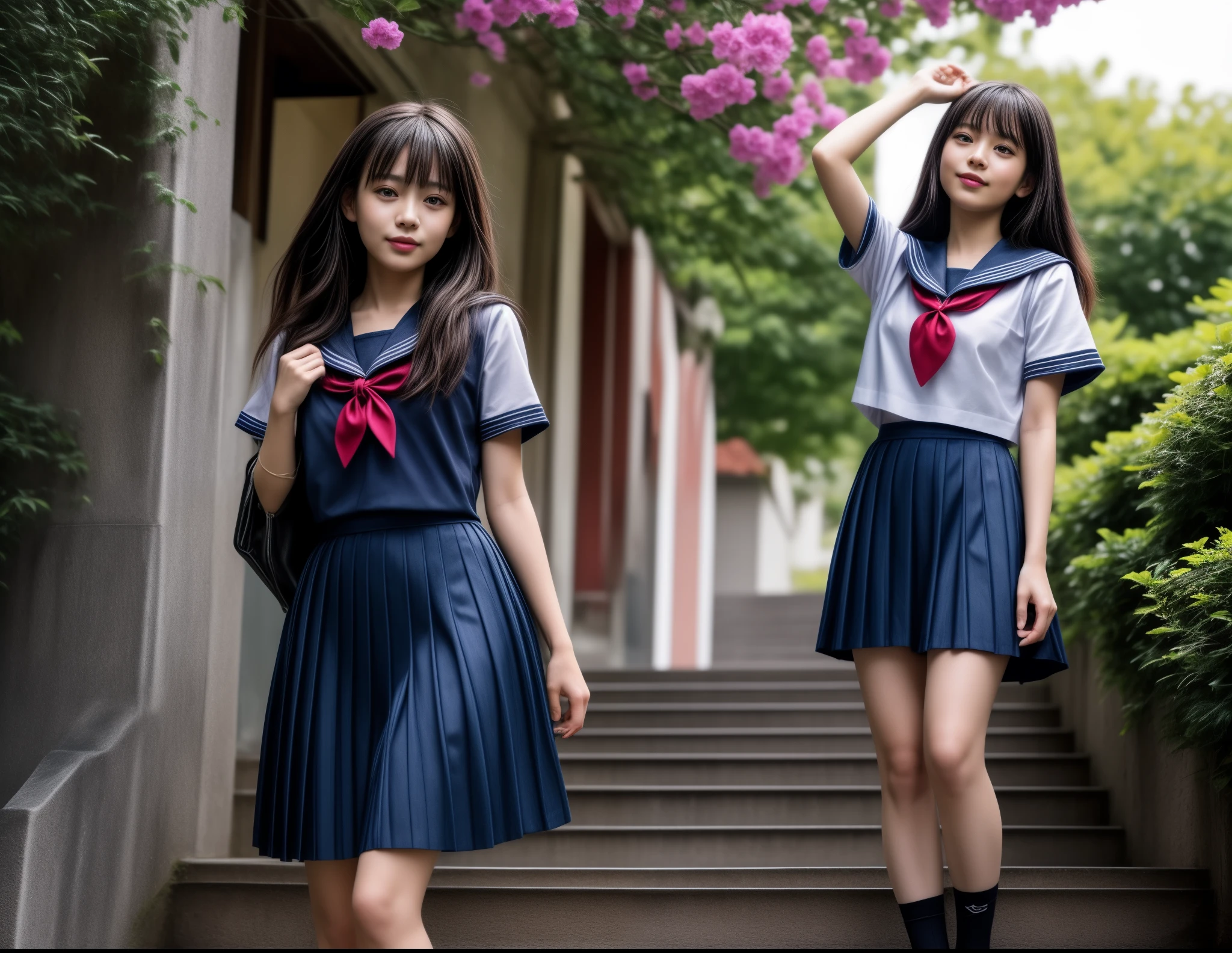 1girl, 18yo school girl, sailor uniform, climbing stairs, looking at viewer, smiling, view from below, (masterpiece, 8k, best quality:1.2), photorealistic, hyper detailed, cinematic lighting, vibrant colors, natural skin tones, intricate details, flawless rendering, sharp focus