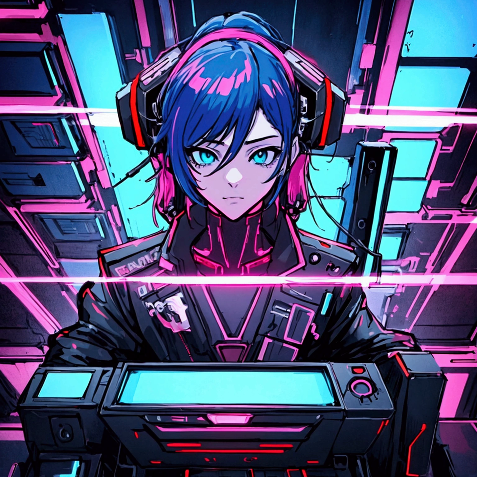 a man sitting on a chair with a tv on his head, digital cyberpunk anime art, 80s anime aesthetic, cyberpunk art style, digital cyberpunk - anime art, muted cyberpunk style, cyberpunk style, modern anime style, cyber aesthetics, best anime 4k, highly detailed, intricate details, hyperrealistic, cinematic lighting, vibrant colors, digital painting