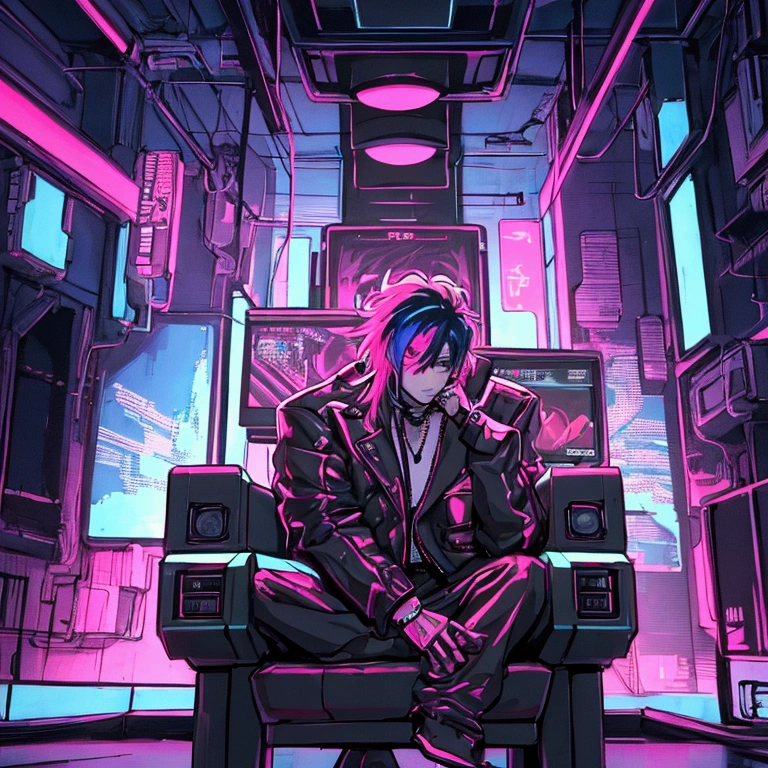 a man sitting on a chair with a tv on his head, digital cyberpunk anime art, 80s anime aesthetic, cyberpunk art style, digital cyberpunk - anime art, muted cyberpunk style, cyberpunk style, modern anime style, cyber aesthetics, best anime 4k, highly detailed, intricate details, hyperrealistic, cinematic lighting, vibrant colors, digital painting