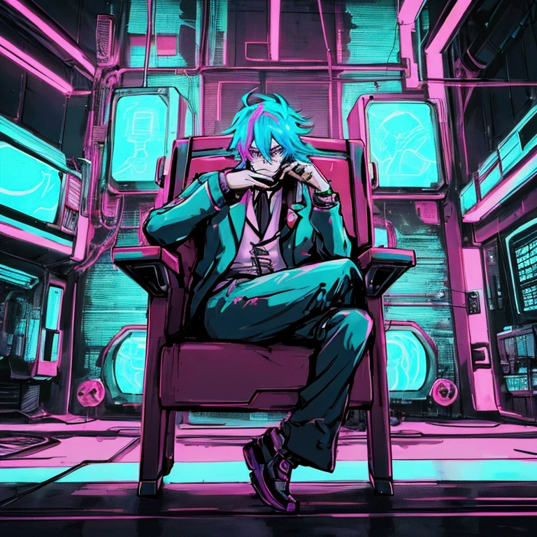a man sitting on a chair with a tv on his head, digital cyberpunk anime art, 80s anime aesthetic, cyberpunk art style, digital cyberpunk - anime art, muted cyberpunk style, cyberpunk style, modern anime style, cyber aesthetics, best anime 4k, highly detailed, intricate details, hyperrealistic, cinematic lighting, vibrant colors, digital painting