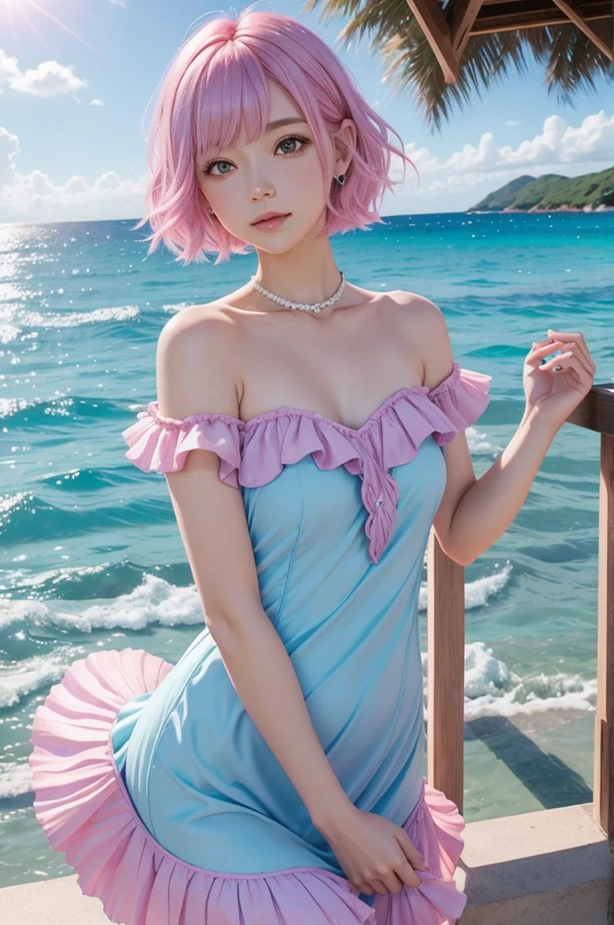 Pink and light blue dreamy hair　Short Bob　Purple Eyes　Seashell hair ornament　Pink mermaid frilly dress　Clear blue sea　Light of the sun　beautiful　beautiful girl　live-action