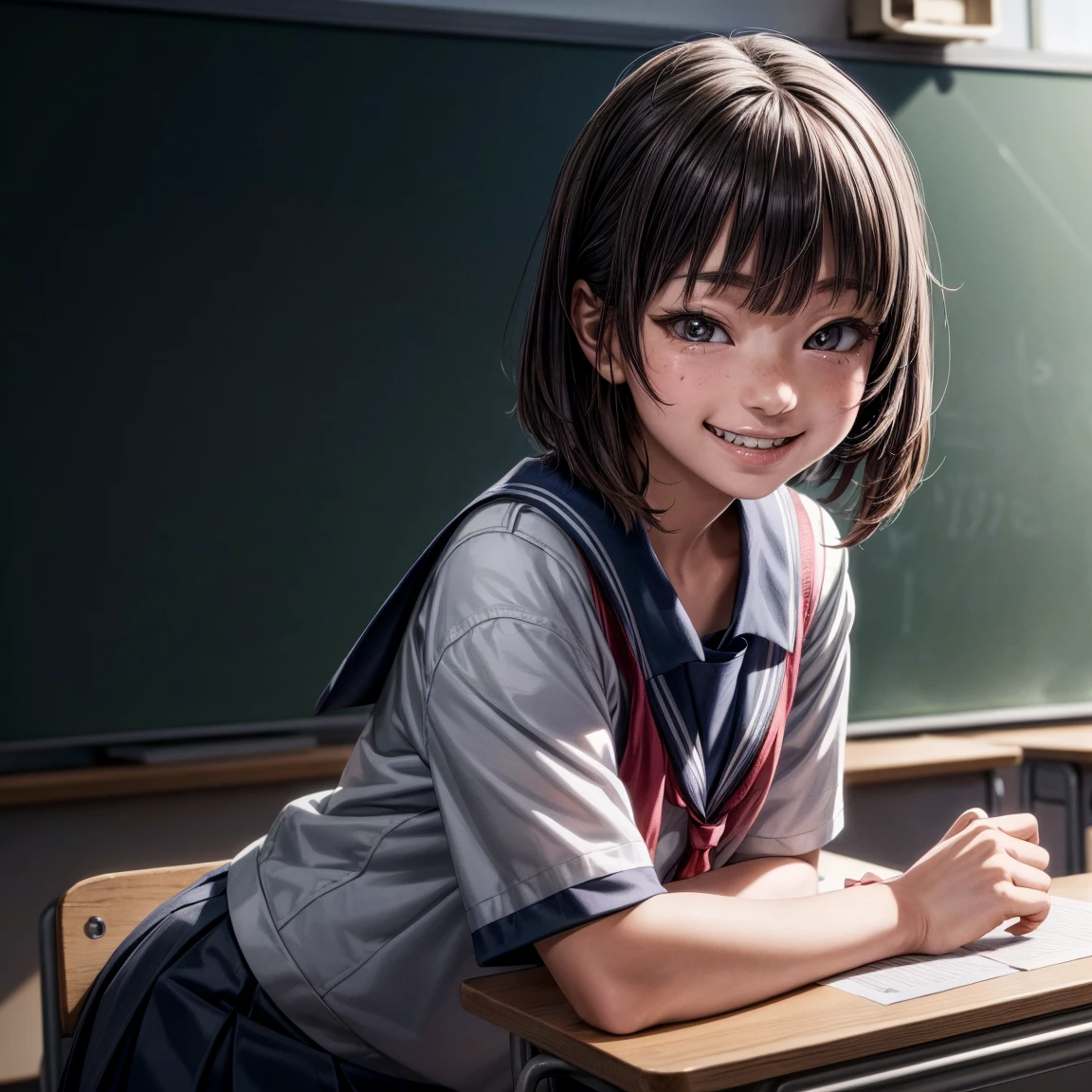 hyper realistic, young japanese girl, ((bad crooked teeth)) , ((yaeba teeth  smile )), ((wearing a school outfit)),((classroom background)),(sitting on school chair, her face is looking at 
  the classe's white  board to  her front )) , (she is bored))