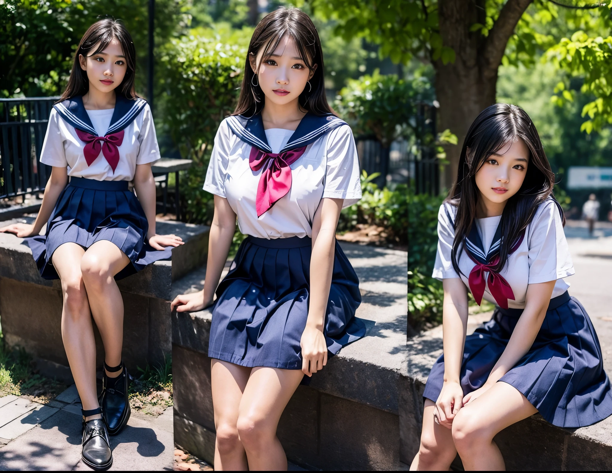 1girl, 18yo girl, sailor uniform, ((ankle length long navy blue skirt)), at the bus stop, big breast size, detailed face, beautiful eyes, long eyelashes, delicate facial features, serene expression, soft natural lighting, pastel colors, realistic, photorealistic, 8k, high quality, masterpiece