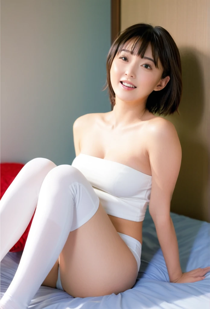 close-up of beautiful Japanese, Yanagi Yurina is a Japanese actress and model, Kana is a female character Junpei Think Again 2018 Japanese action movie, age 22 years old girl, youthful face, white skin body, perfect body, korean medium long hair, standard black hair, her hair is straight and smoth, flat bangs cut, 34 inches breasts size, wearing a plain standard bright red strapless tube top, wearing a tight plain standard bright white spandex boyshort pant short leggings, Kana’s breasts were held by a her boyfriend to make Kana experience orgasm and arousal, Kana’s breasts were squeezed by a her boyfriend so seductively, Kana’s strapless tube top was pulled down by a her boyfriend, ((Kana’s breasts were held by a her boyfriend while lying down in a Junpei’s bedroom)), ((Kana experienced arousal as her breasts became tense and made her look tempting)), Kana's hair is held by Junpei, Junpei takes the scissors and cuts Kana's hair with enthusiasm, strand by strand Kana's hair falls to the floor, now Kana's haircut fills the bottom of the floor, ((Kana has an orgasm and is aroused when her hair is cut by Junpei)), ((Junpei while looking enthusiastic while cutting Kana's hair in Junpei’s bedroom)), sexy looking pose, naughty looking pose, seductive looking pose, at Junpei’s bedroom, Junpei’s bedroom background, UHD