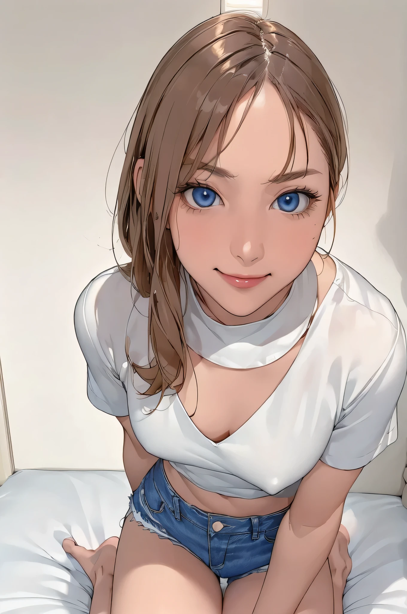 (masterpiece), (best quality), (perfect face:1.2), (beautiful face:1.2), (ultra-detailed), photorealistic, (1 girl), (full body), (A fascinating eye for perfect detail:1.2), (looking down), (arms behind head), (smirk), (blue eyes), (small breasts), (white blouse), (denim shorts)