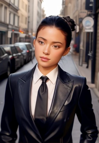 1 young and beautiful sexy European secretary, brown hair pinned up, Brown eyes, small black leather office suit,. walking through the city streets.