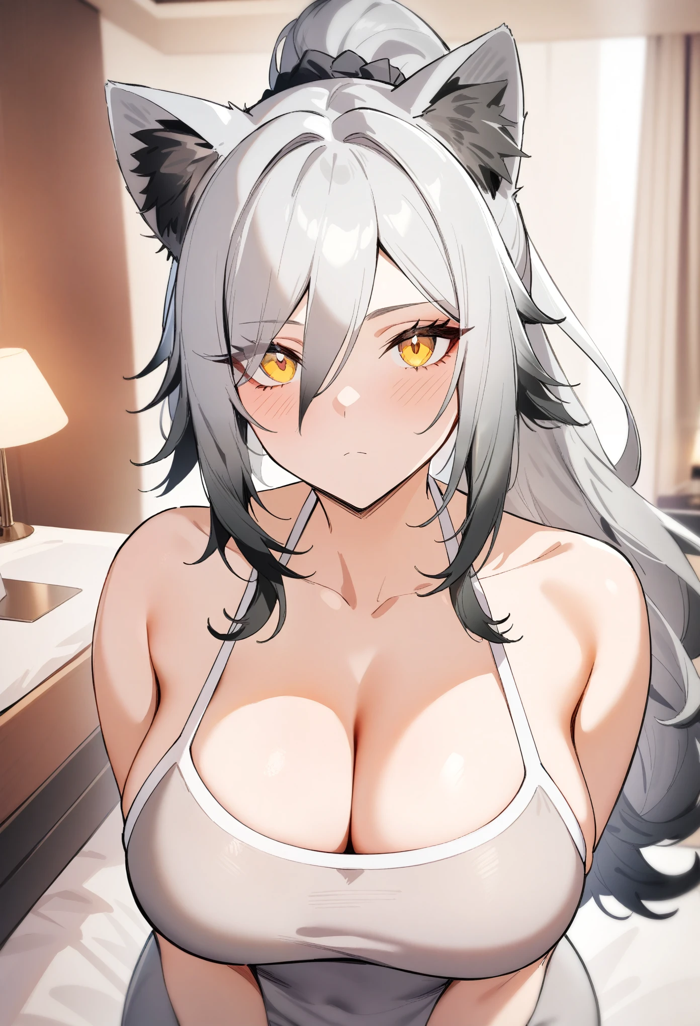 masterpiece, best quality, very aesthetic, absurdres, 1girl, schwarz\(arknights), arknights, looking at viewer, upper body, ponytail, grey hair, cat ears, yellow eyes, large breasts, cleavage, alternate costume, taut dress, grey dress, bareshoulders, expressionless, hotel